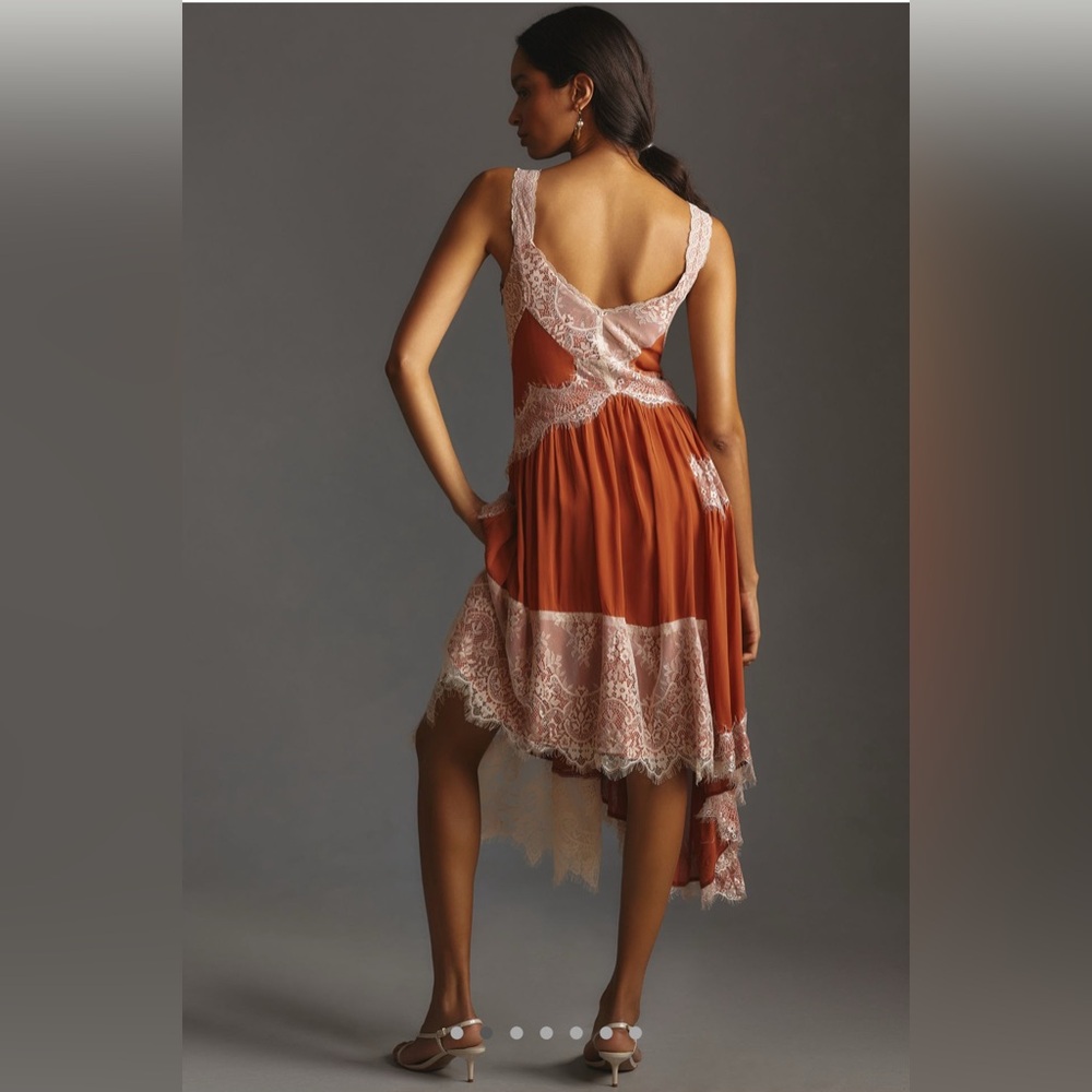 By Anthropologie Sleeveless Asymmetrical Lace Rust Slip Dress 10 - Picture 2 of 9